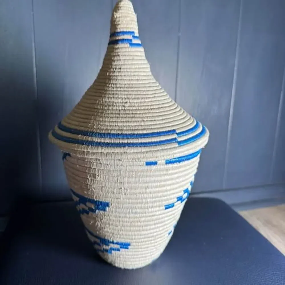Authentic Rwandan Agaseke Peace Basket Handwoven Blue & Cream Sisal 13